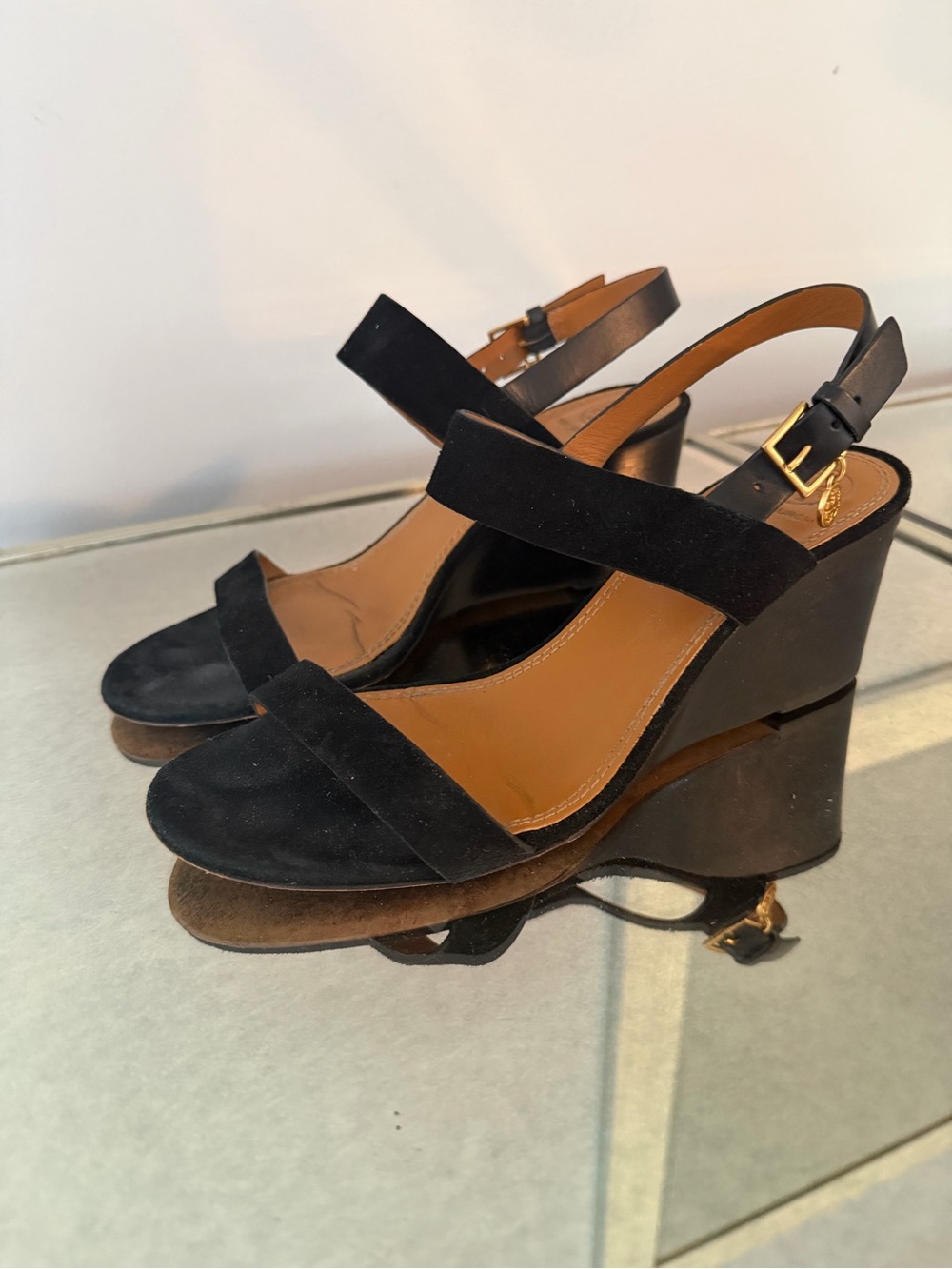 Tory Burch Black Suede Slingback Wedge Sandals